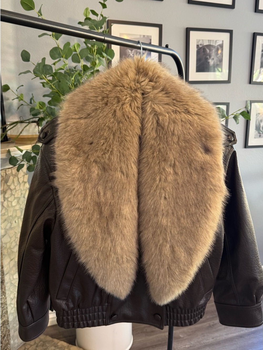 Zara Dark Brown Leather Jacket with Black Faux Fur Collar